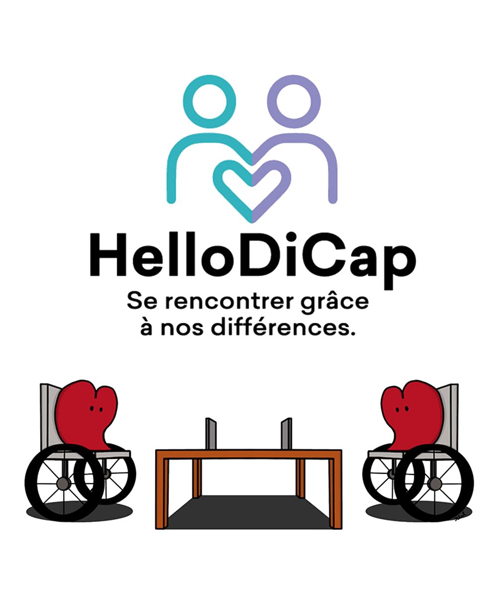 L'image présente un logo et le texte « HelloDiCap ». En haut, deux silhouettes humaines abstraites — l'une bleue et l'autre violette — forment un cœur entre elles. Sous ces silhouettes figure le nom « HelloDiCap », accompagné du slogan de ce site de rencontre « Se rencontrer grâce à nos différences ». Plus bas, on trouve deux représentations de fauteuils roulants en forme de cœur.