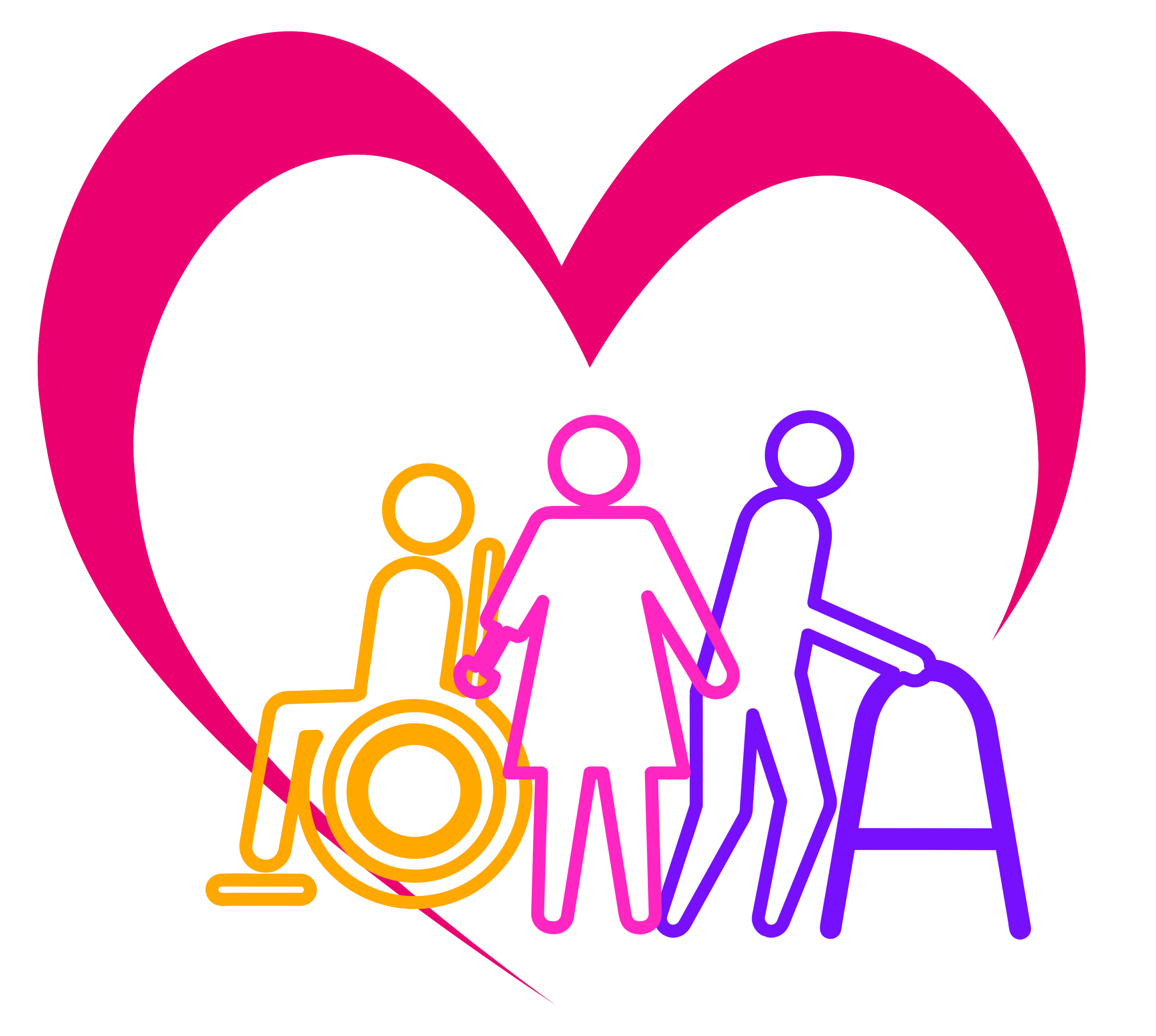 L'image présente un cœur stylisé aux contours roses. À l'intérieur du cœur figurent trois silhouettes abstraites et colorées représentant des personnes en situation de handicap : l'une en fauteuil roulant (dans des tons orange et jaune), une autre utilisant une canne (rose) et une troisième se servant d'un déambulateur (bleu et violet). Ce visuel symbolise l'attention et le soutien apportés aux personnes en situation de handicap.