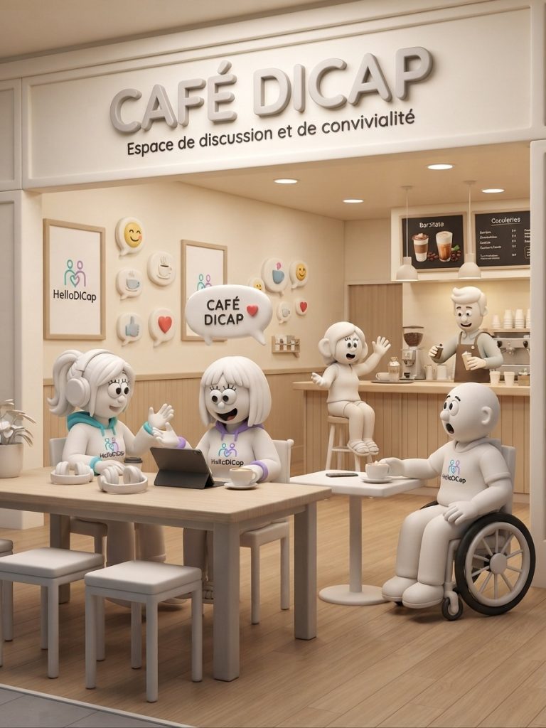 L'image représente deux personnages de dessin animé assis à une table avec des ordinateurs portables. Ils portent tous deux un sweat à capuche arborant le logo « HelloDiCap ». Le personnage de gauche porte un casque audio et est assis sur une chaise, tandis que celui de droite est en fauteuil roulant. Au-dessus d'eux figure une bulle de dialogue contenant le mot « FRIENDS », avec un petit cœur surmontant la lettre « I ». L'arrière-plan est sobre, mettant ainsi en valeur l'interaction amicale entre les personnages.