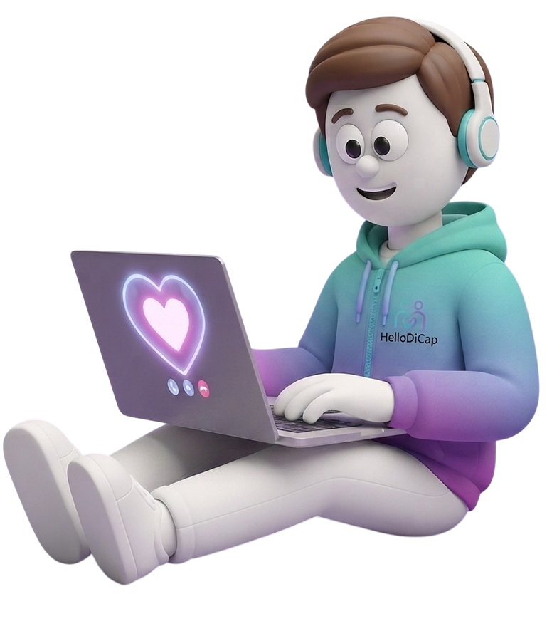 Un personnage de dessin animé portant un casque est assis en tailleur devant un ordinateur portable. L'écran de l'ordinateur affiche un symbole de cœur rose lumineux. Le personnage porte un sweat à capuche aux couleurs dégradées, sur lequel est inscrit « HelloDiCap » dans un mélange de nuances bleues, roses et violettes. Il a l'air joyeux et captivé par son ordinateur.