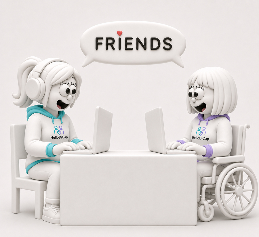 L'image représente deux personnages de dessin animé assis à une table avec des ordinateurs portables. Ils portent tous deux un sweat à capuche arborant le logo « HelloDiCap ». Le personnage de gauche porte un casque audio et est assis sur une chaise, tandis que celui de droite est en fauteuil roulant. Au-dessus d'eux figure une bulle de dialogue contenant le mot « FRIENDS », avec un petit cœur surmontant la lettre « I ». L'arrière-plan est sobre, mettant ainsi en valeur l'interaction amicale entre les personnages. Cette image symbolise le fait de pouvoir faire de vraies rencontre via ce site de rencontre pour personnes en situation de handicap