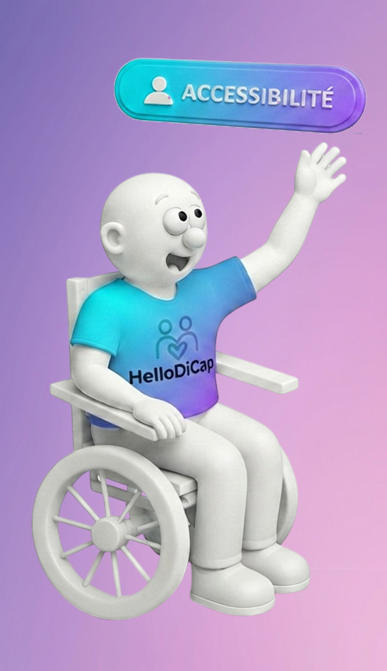 L'image représente un personnage animé assis dans un fauteuil roulant, faisant signe de la main avec une expression joyeuse. Le personnage porte un t-shirt arborant le logo « HelloDiCap ». Au-dessus de lui se trouve un bouton portant la mention « ACCESSIBILITÉ », dans un dégradé de bleu et de violet. L'arrière-plan présente un doux dégradé de rose et de violet. Elle illustre le fait que HelloDiCap soit un site accessible handicap.