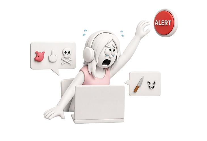 Un personnage de dessin animé féminin, effrayé, assis devant un ordinateur et portant un casque, tend la main vers un gros bouton rouge marqué « ALERTE ». Le personnage semble stressé, avec des gouttes de sueur au-dessus de la tête. Des bulles de dialogue l'entourant contiennent des émojis tels qu'un cochon, un doigt d'honneur, un crâne, un couteau et un visage en colère, illustrant une interaction en ligne hostile ou menaçante. Il représente la possibilité de signaler simplement tout problème rencontré sur ce site de rencontre