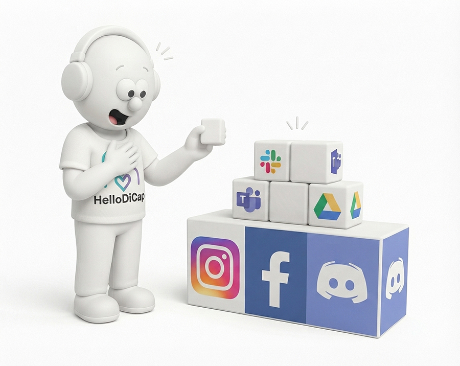 Un personnage de dessin animé en 3D, portant un casque audio et un t-shirt « HelloDiCap », tient un cube tout en regardant d'autres cubes empilés à proximité. Ces cubes arborent les logos de Slack, Microsoft Teams et Google Drive. Un bloc plus grand, situé en dessous, affiche les logos d'Instagram, de Facebook et de Discord. La scène évoque les plateformes de communication numérique et de collaboration. Il représente la simplicité d'inscription d'HelloDicap et la sécurisation.