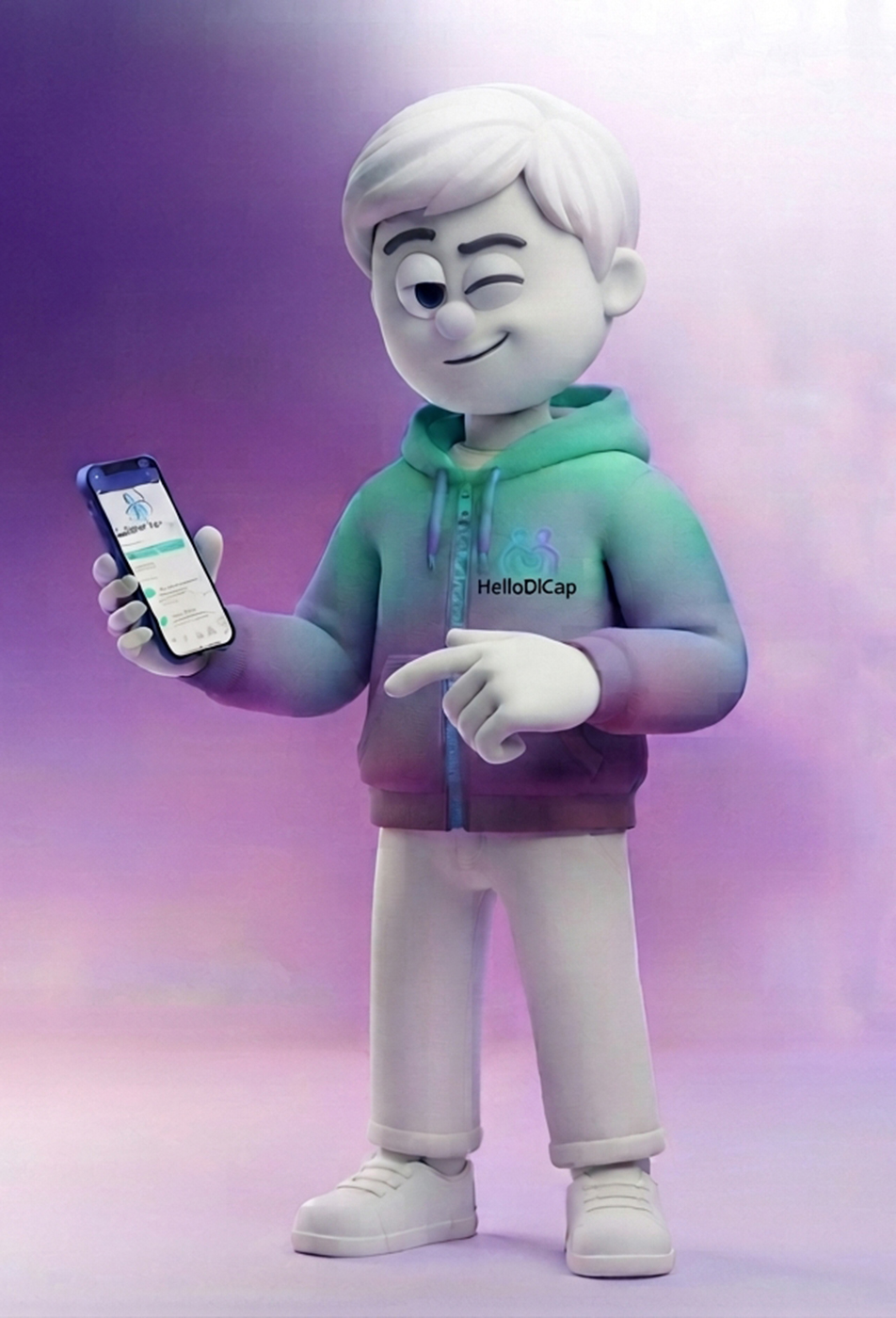 Un personnage en animation numérique aux cheveux blancs fait un clin d'œil tout en tenant un smartphone. Il porte un sweat à capuche multicolore avec l'inscription « HelloDICap », ainsi qu'un pantalon blanc et des baskets. L'arrière-plan présente un dégradé de violet, conférant à l'image une atmosphère ludique et dynamique. Il symbolise la FAQ Hellodicap