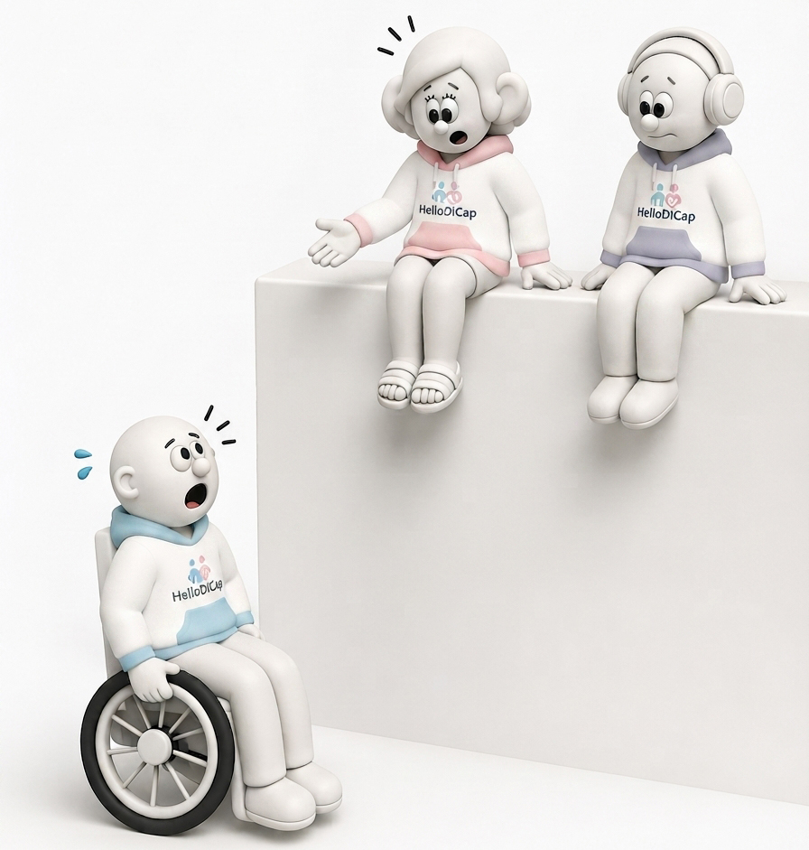 L'image représente trois personnages de style dessin animé en pleine conversation. L'un d'eux, assis dans un fauteuil roulant, semble surpris ou inquiet. Deux autres personnages sont assis sur un rebord ; l'un tend la main dans un geste amical et semble parler ou donner des explications, tandis que l'autre, portant un casque audio, paraît attentif. Tous les personnages portent un sweat à capuche avec l'inscription « HelloOIcap ». L'ensemble de la scène dégage une impression de communication et d'inclusion tout en rappelant le parcours du combattant que peuvent rencontrer les personnes en situation de handicap et ce que ce site de rencontre pour personnes en sitation handicap veut améliorer