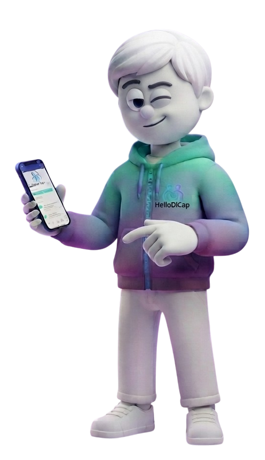 Un personnage de dessin animé aux cheveux blancs tient un smartphone et fait un clin d'œil. Il porte un sweat à capuche à effet dégradé affichant le texte « HelloDICap ». Il pointe du doigt l'écran du téléphone, qui présente l'interface d'une application. Le personnage porte également un pantalon et des chaussures blancs.